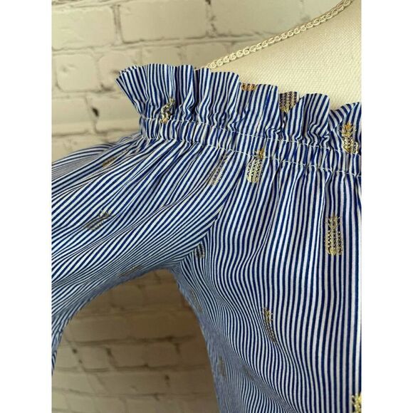 ANTHROPOLOGY SOLITAIRE striped white blue cold shoulder flared top tunic S - Picture 5 of 9